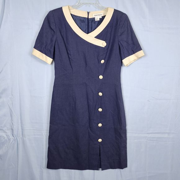 Vtg 80s? Sailor Stewardess Retro Linen Blend David Warren Dress Faux Wrap Sz 8 - Picture 1 of 14
